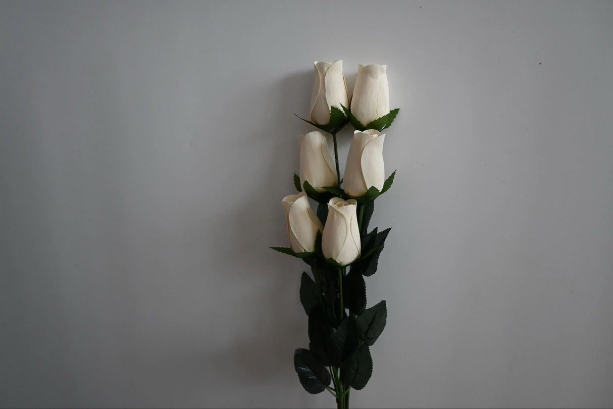 Roses Realistic Small Bud Wooden Roses White ( Single or Bouquet)