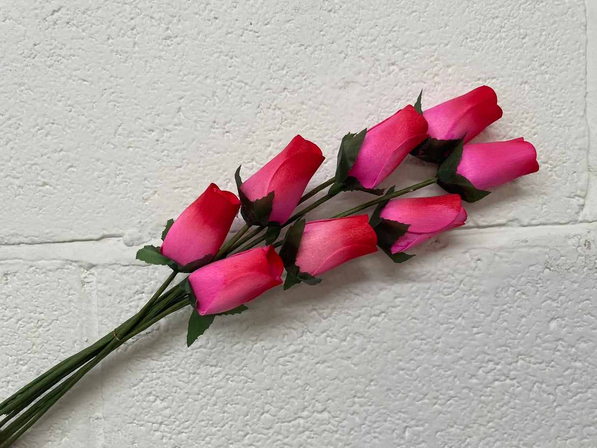 Roses Realistic Small Bud Wooden Roses Light Pink & Red (Single or Bouquet)