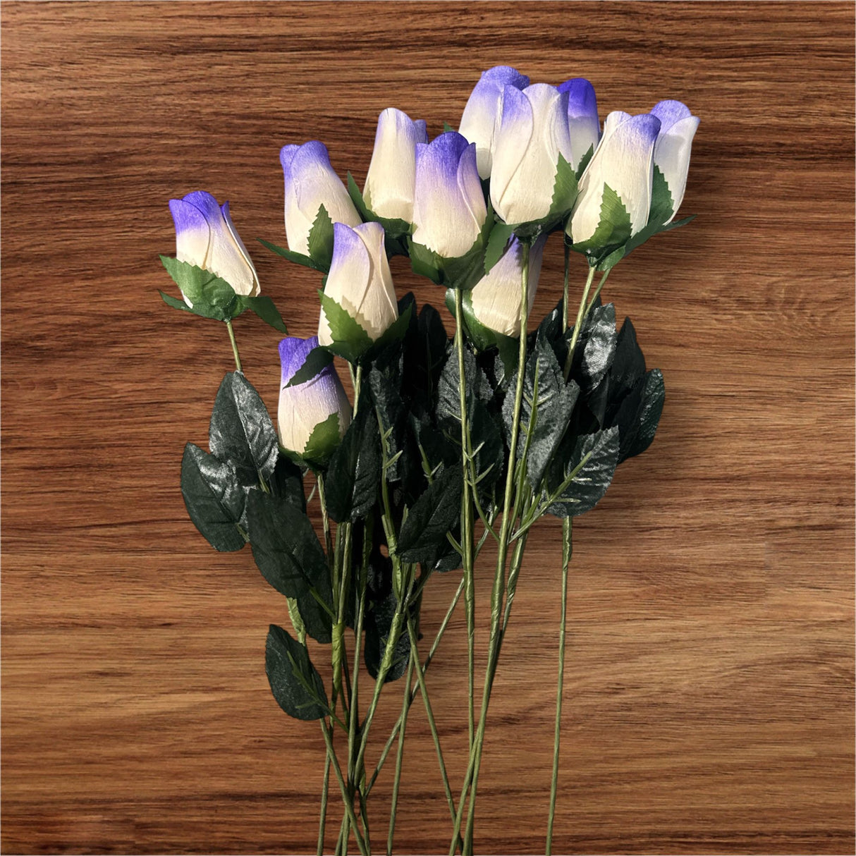 Roses Realistic Small Bud Wooden Roses White & Purple (Single or Bouquet)