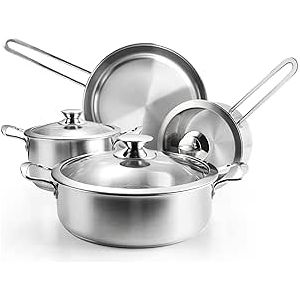 Ensemble de casseroles et poêles en acier inoxydable, 7 pièces, ustensiles de cuisine avec couvercles en verre, poignée anti-chaleur, passe au four, fonctionne avec les plaques de cuisson à induction/électriques et à gaz, lave-vaisselle