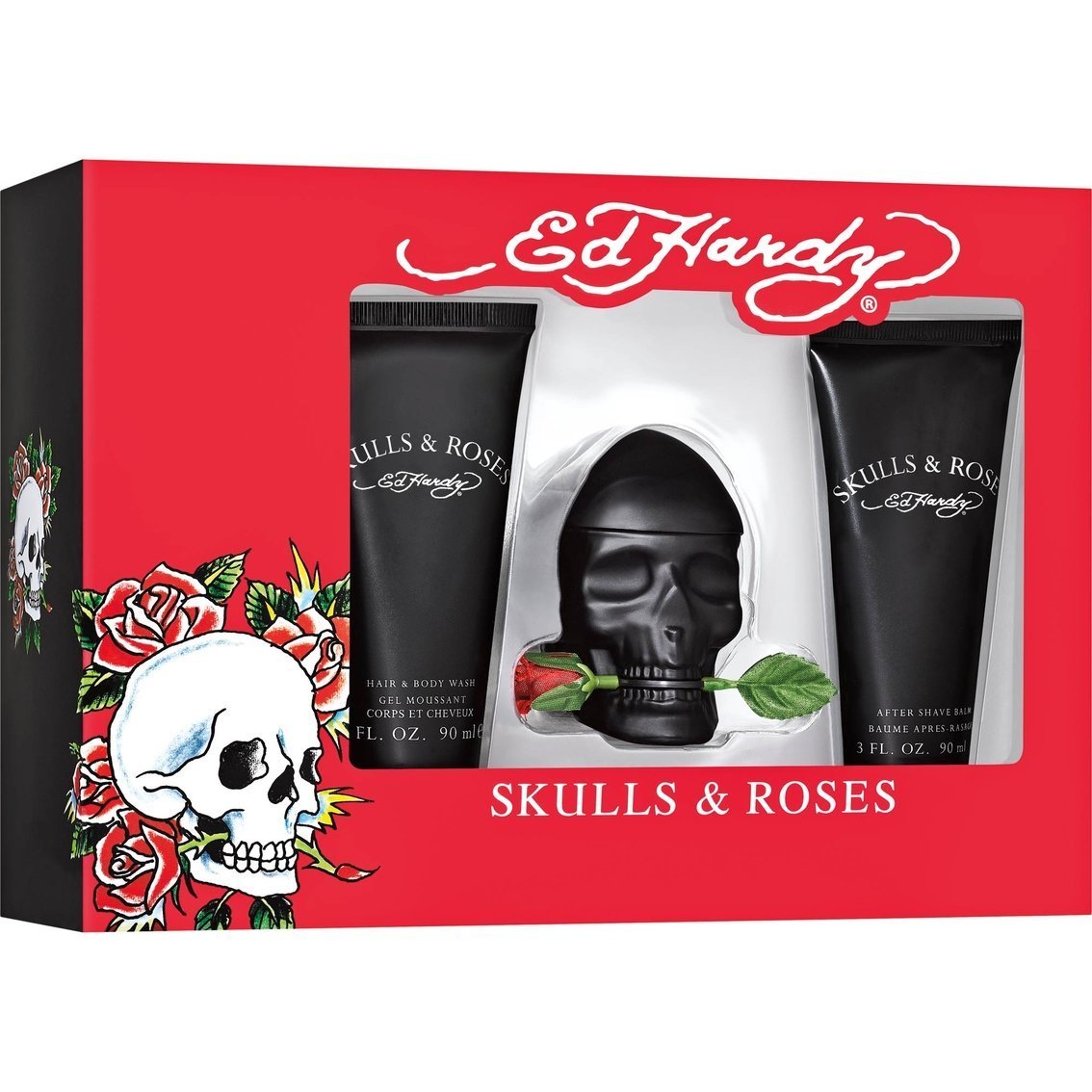 Ed Hardy Skulls & Roses 3 Piece Set, 75ml Eau De Toilette, 90ml After Shave Balm, 90ml Hair & Body Wash - AGSWHOLESALE